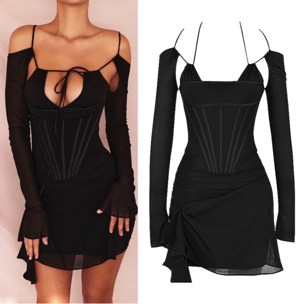 NWOT House of CB Gianna Mini Dress XS Long Sleeve Georgette Corset Bodycon LBD